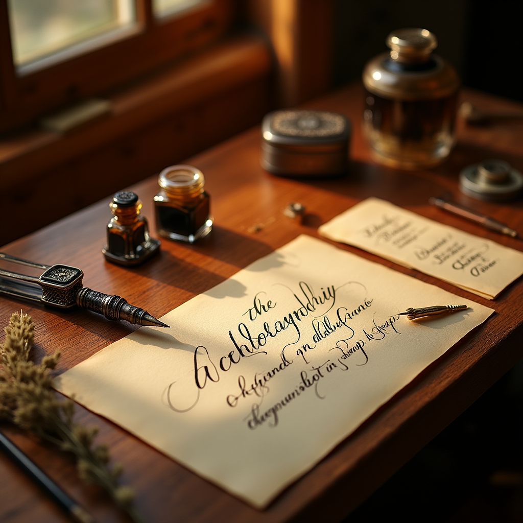 Tavolo di lavoro con pennini, pennelli e fogli di calligrafia moderna