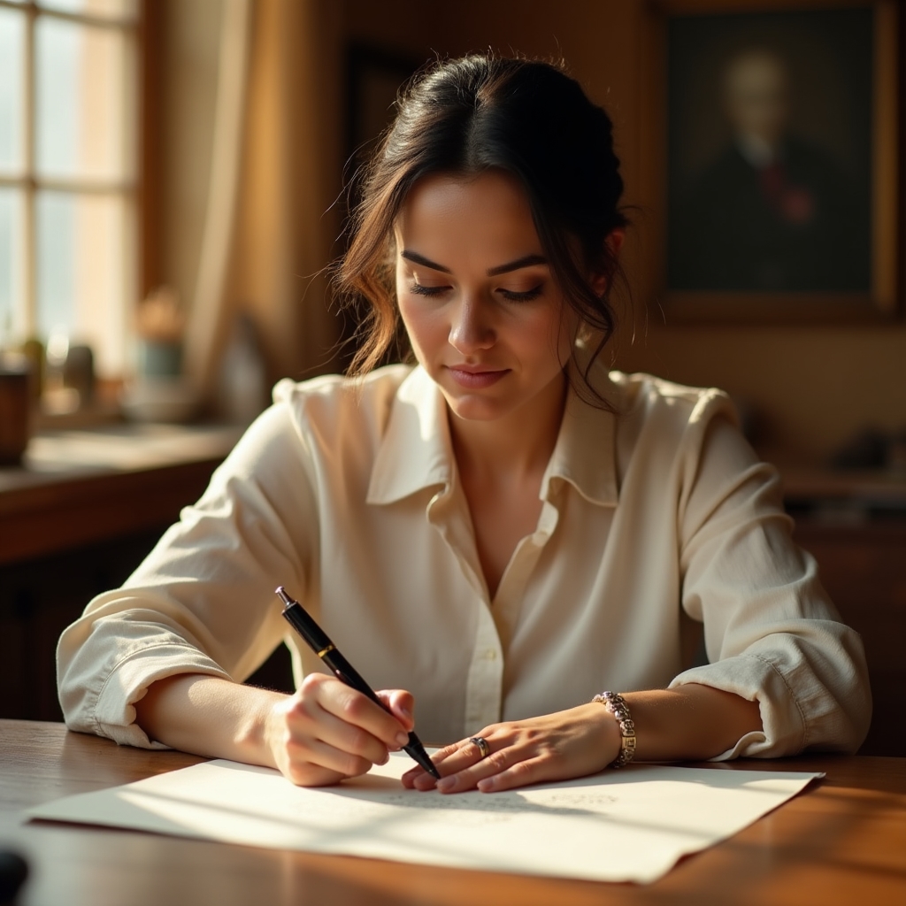 Istruttrice di calligrafia che dimostra la tecnica del pennino su carta