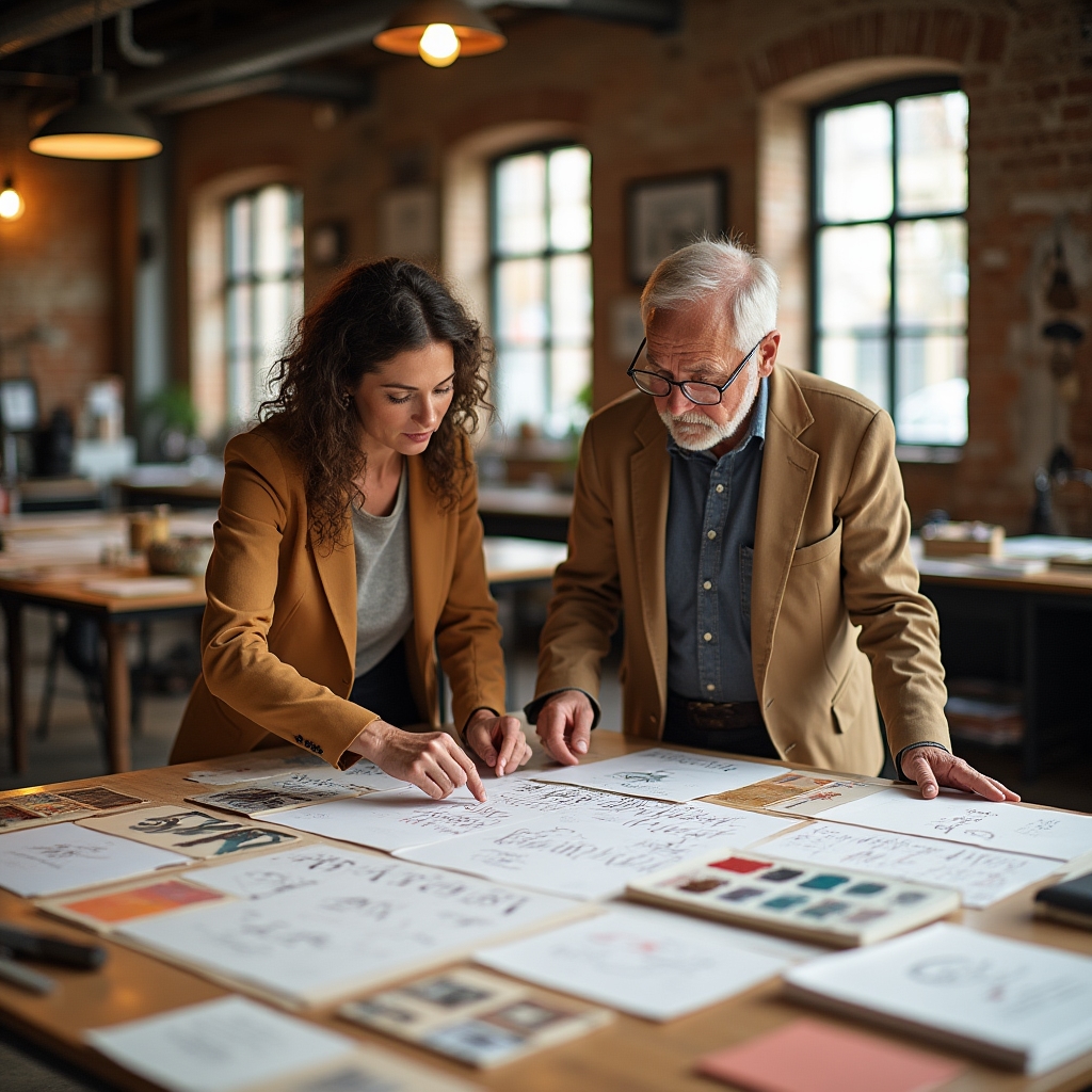 Tavolo di lavoro condiviso in uno studio creativo con materiali calligrafici e strumenti di design