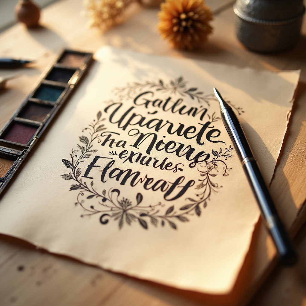Composizione decorativa di una frase calligrafica su carta kraft con decorazioni floreali