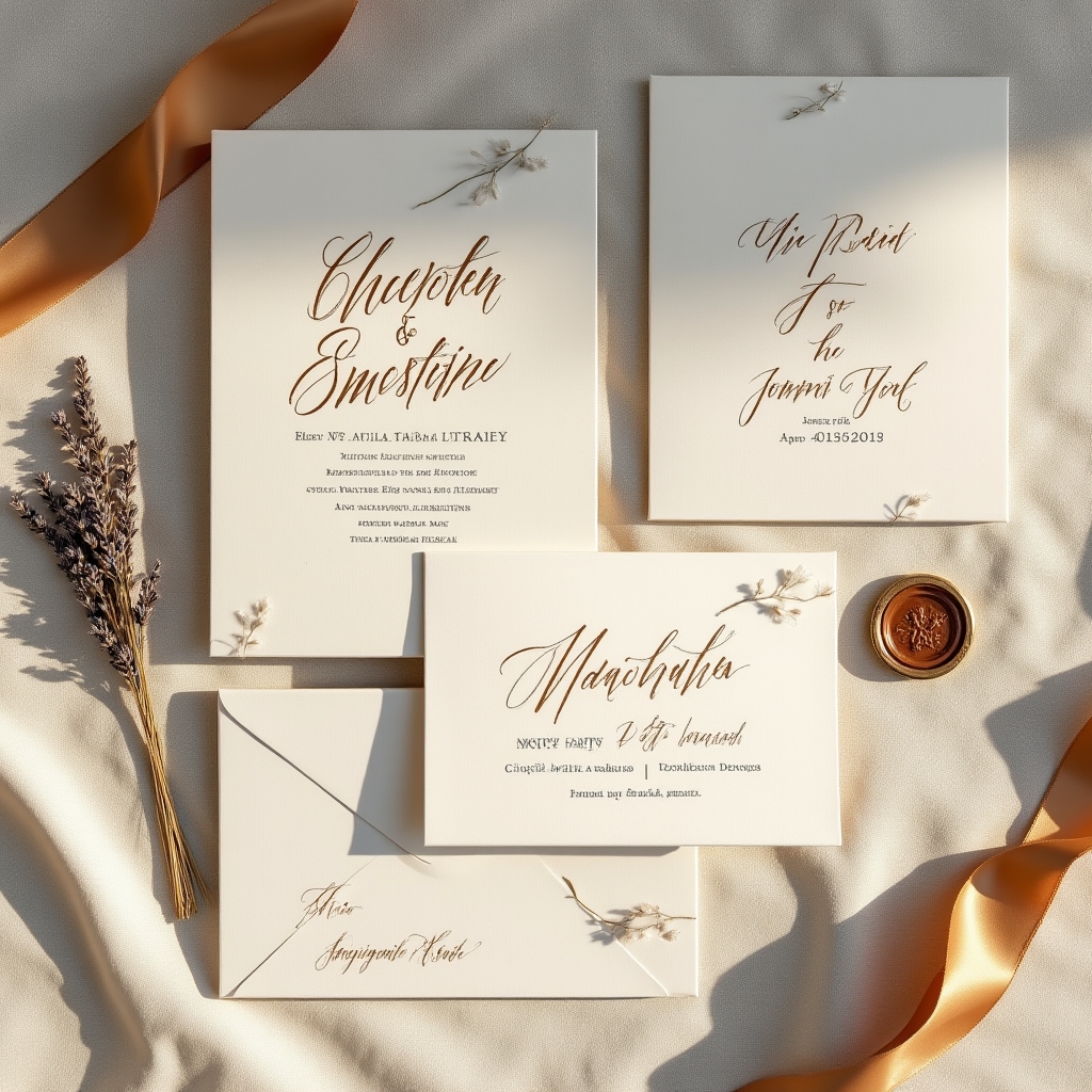 Set di inviti matrimoniali fatti a mano con calligrafia moderna su carta avorio