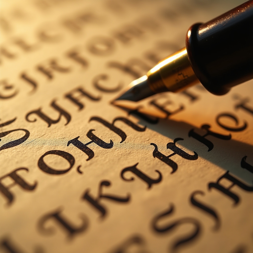 Dettaglio di alfabeti calligrafici tracciati con pennino su carta pergamena