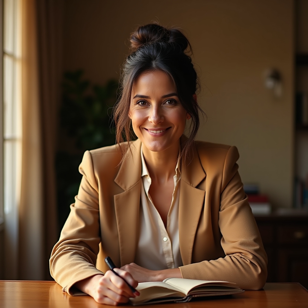 Istruttrice principale di calligrafia moderna, ritratto in studio con strumenti calligrafici