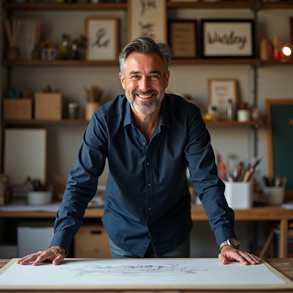 Specialista di lettering e design grafico, ritratto in studio con tavolo da disegno